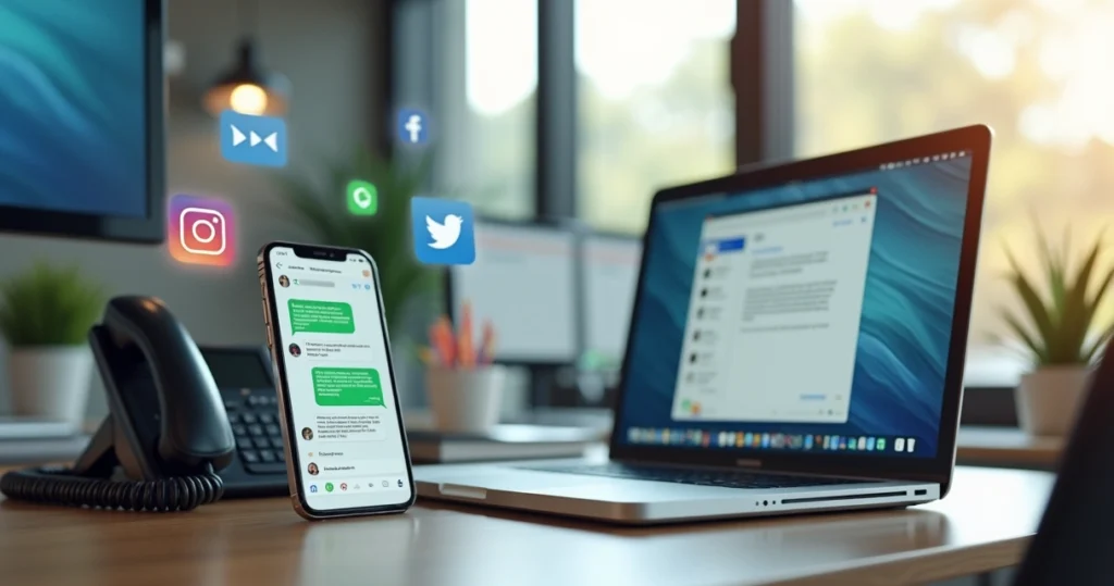 Vários dispositivos eletrônicos exibindo diferentes canais de comunicação para feedback, incluindo smartphone com WhatsApp aberto, laptop com chat, tela de e-mail, telefone e ícones de redes sociais