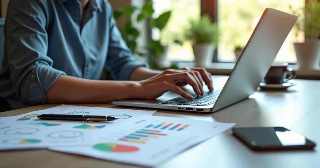 Pessoa analisando gráficos coloridos em um laptop com anotações personalizadas em papel ao lado