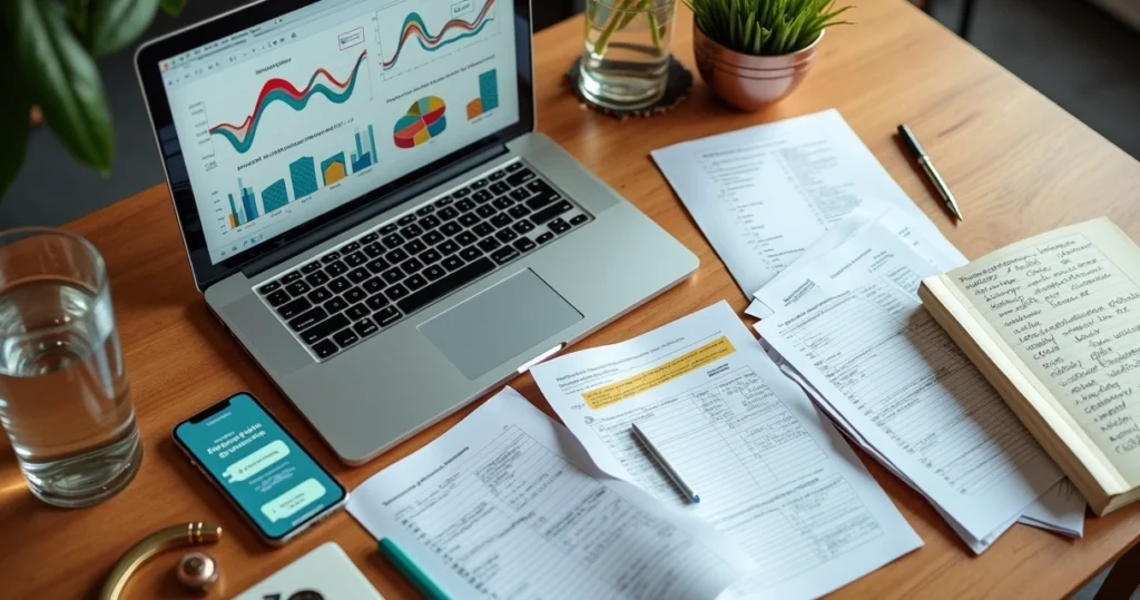 Mesa de trabalho com laptop exibindo gráficos de pesquisa de mercado, anotações, e smartphone com conversa de resumo de resultados