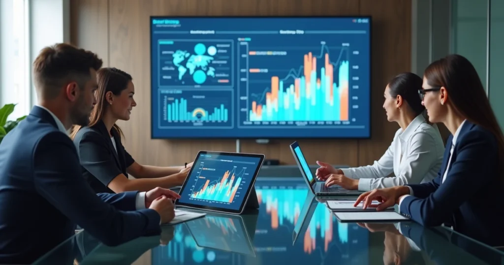 Profissionais reunidos em uma sala moderna analisando dados em telas digitais com gráficos de pesquisa ao fundo