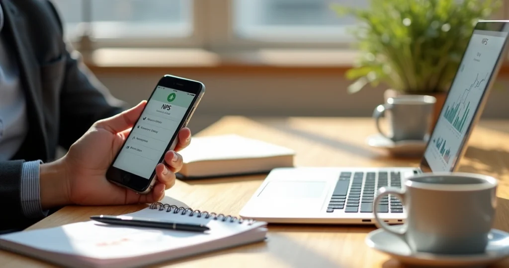 Pessoa respondendo pesquisa de satisfação NPS em smartphone numa mesa de trabalho clara com laptop aberto e anotações ao lado