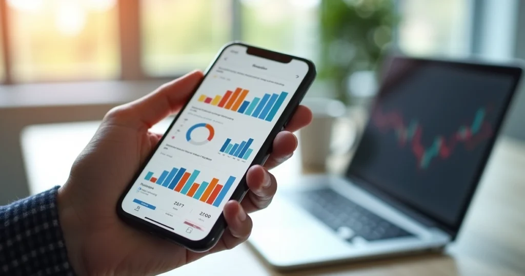 Pessoa segurando smartphone exibindo uma pesquisa online com gráficos coloridos na tela, ambiente moderno e iluminado