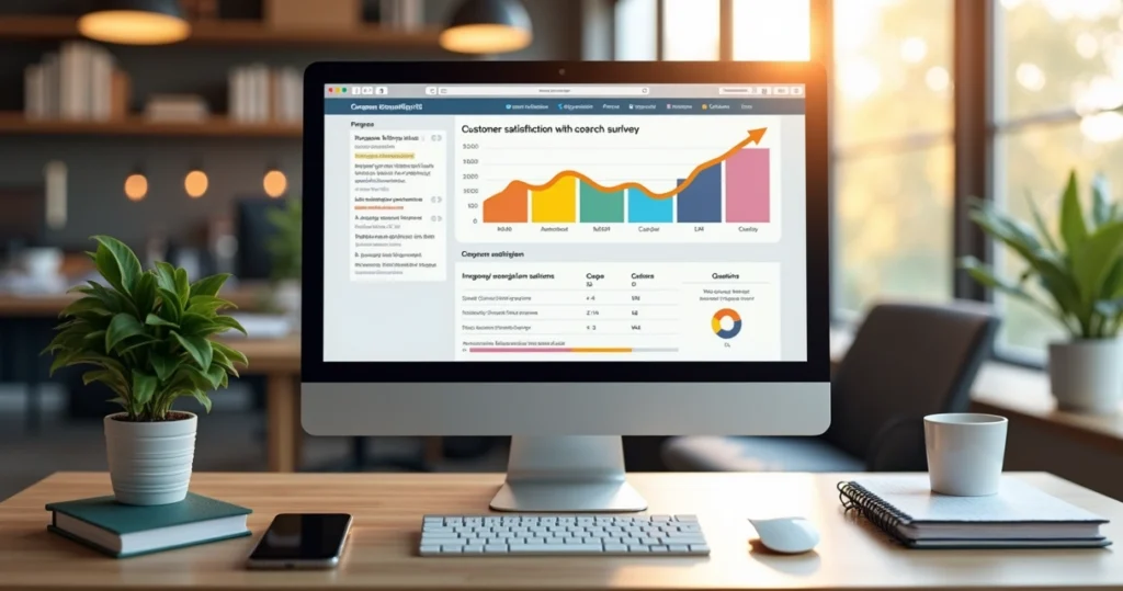 Tela de computador exibindo pesquisa de satisfação do cliente com gráfico e perguntas diretas