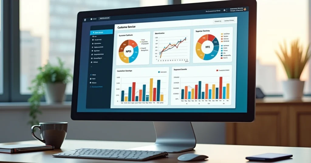 Dashboard colorido mostrando gráficos e indicadores de atendimento ao cliente em computador moderno