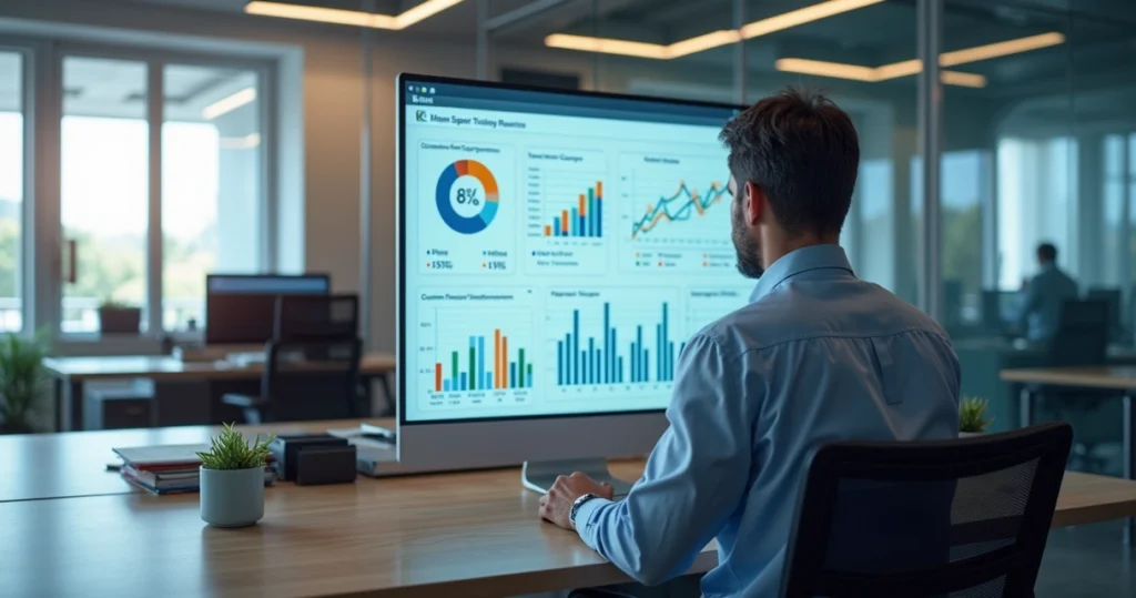 Gerente analisando relatórios digitais com gráficos de desempenho em escritório moderno