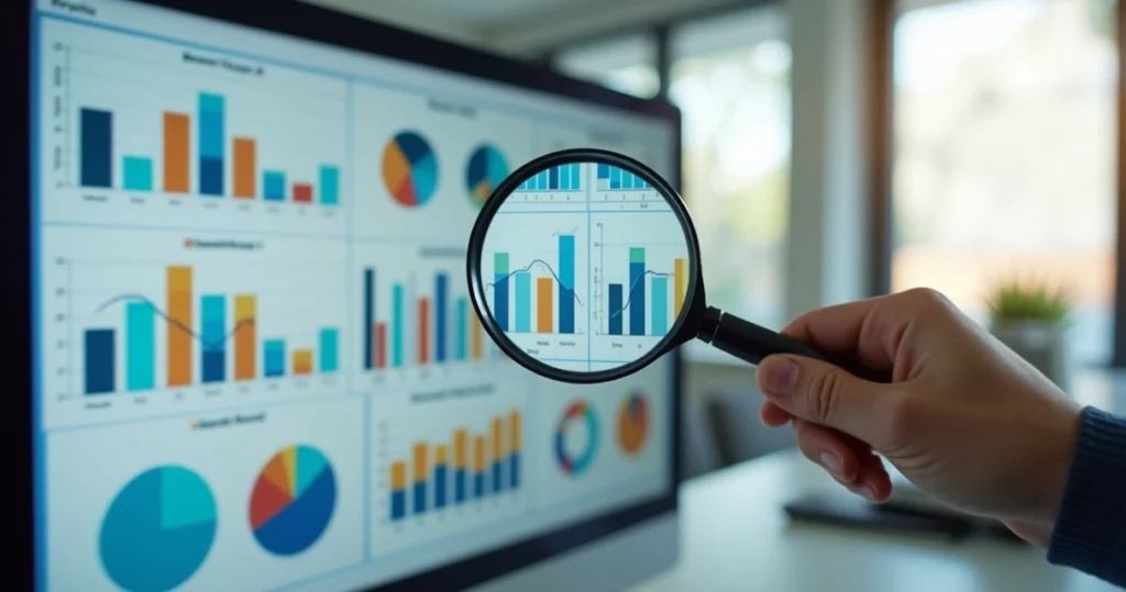 Mão segurando uma lupa analisando perfil de clientes em gráficos e dados coloridos