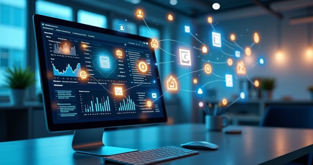 Tela de computador exibindo dashboard com gráficos interativos e ícones de vários canais de comunicação conectados por linhas