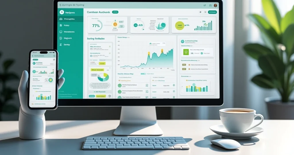 Tela de computador mostrando alertas automáticos de feedback e gráficos de churn reduzido