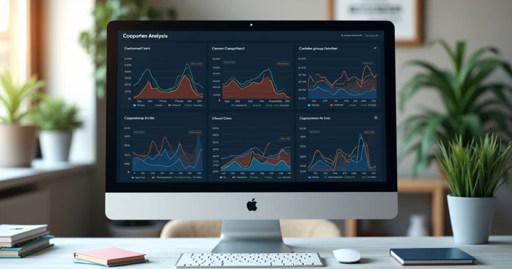 Gráfico detalhado de análise de cohort com linhas de retenção de clientes e métricas de churn em tela de computador