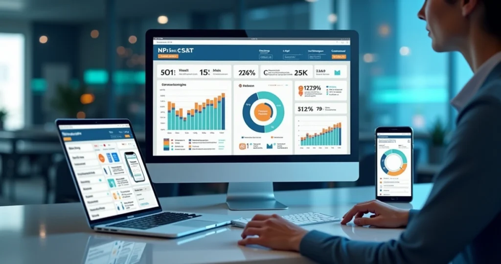 Fluxo de dados e feedback em uma interface digital com múltiplos canais de comunicação integrados mostrando gráficos e satisfação do cliente