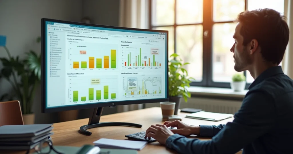 Pessoa analisando gráficos de sentimentos em tela de computador com dados de pesquisa aberta