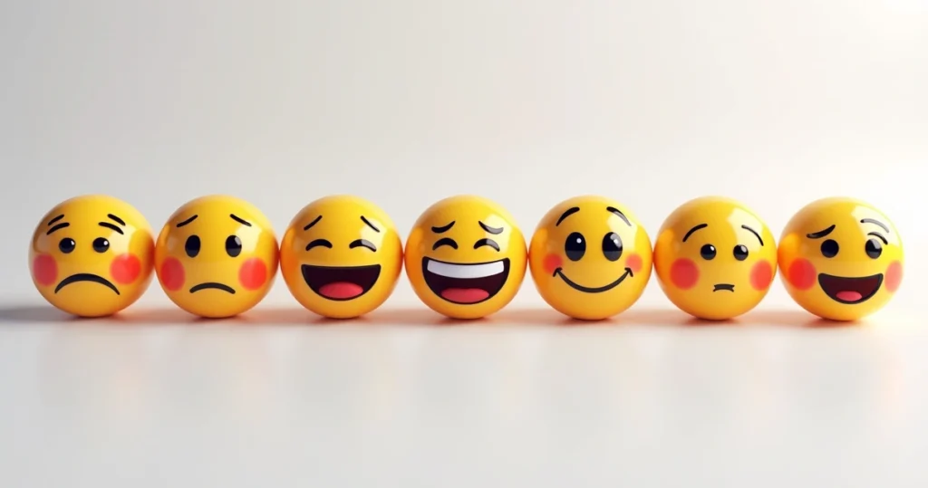 Diversos emojis coloridos expressando diferentes emoções em uma linha, com fundo clean e luminoso
