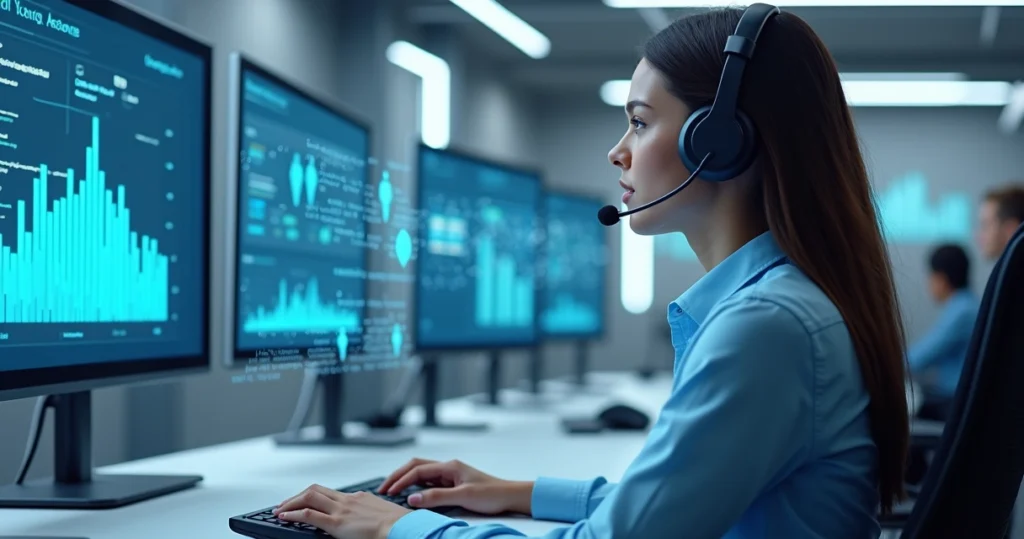 Central de atendimento com operador usando headset em ambiente moderno e tecnologia de voz avançada