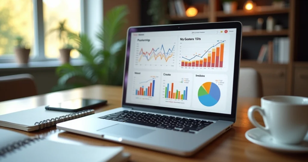 Pessoa analisando gráficos e dados financeiros em laptop moderno com tela mostrando Customer Lifetime Value