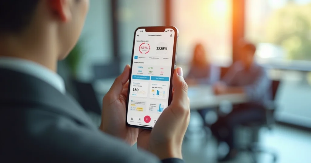 Cliente insatisfeito utilizando aplicativo no smartphone mostrando índice de churn e experiência do usuário negativa