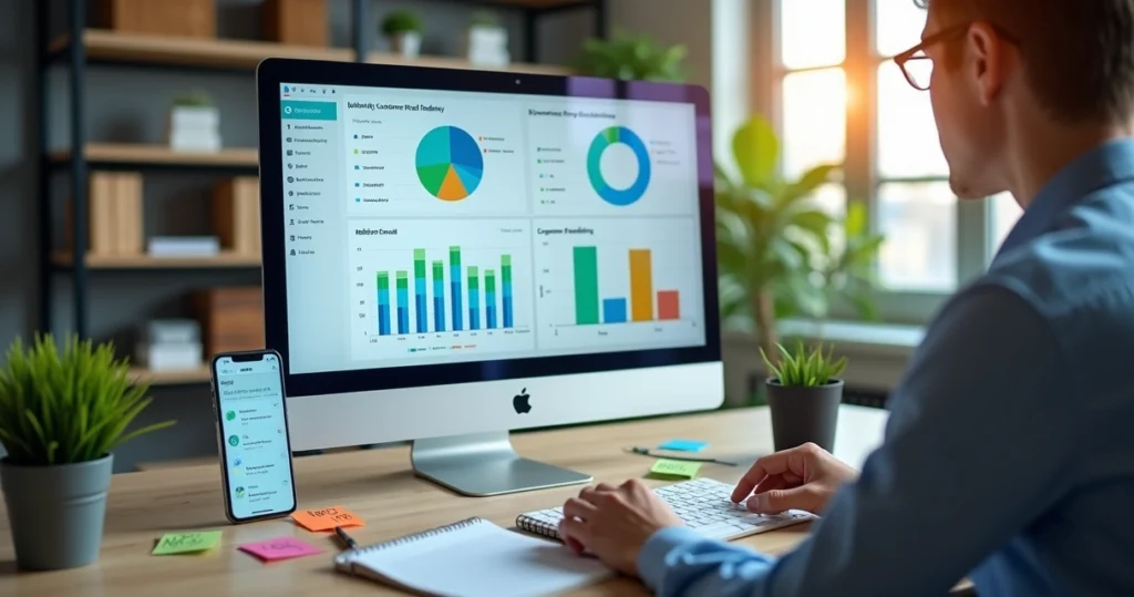 Pessoa analisando gráficos e dados de feedback no computador para identificar oportunidades de upsell
