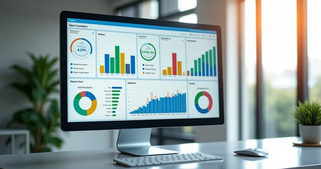 Dashboard digital com gráficos coloridos e indicadores visuais em tela brilhante
