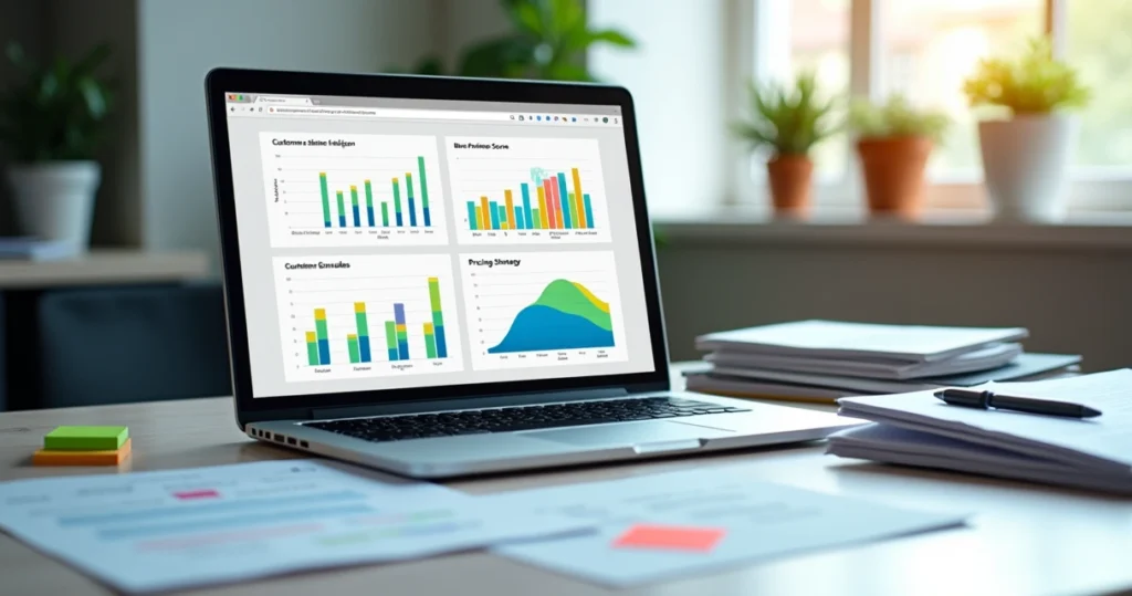 Computador mostrando gráficos de feedback e decisões de preço para SaaS em ambiente de escritório moderno