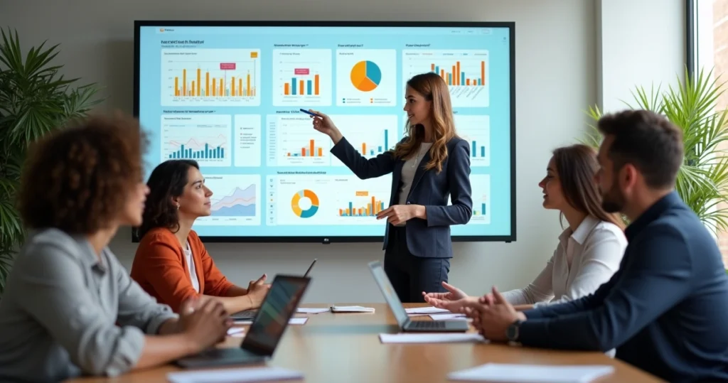 Equipe empresarial analisando feedbacks de clientes em tela de computador