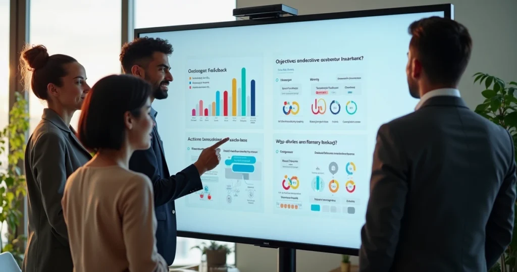 Equipe analisando feedbacks em tela digital com gráficos e perguntas objetivas
