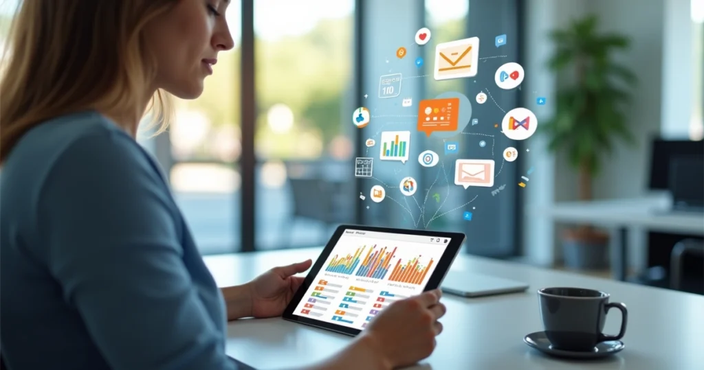 Pessoa analisando gráficos de satisfação em tablet com múltiplos canais de feedback ao redor