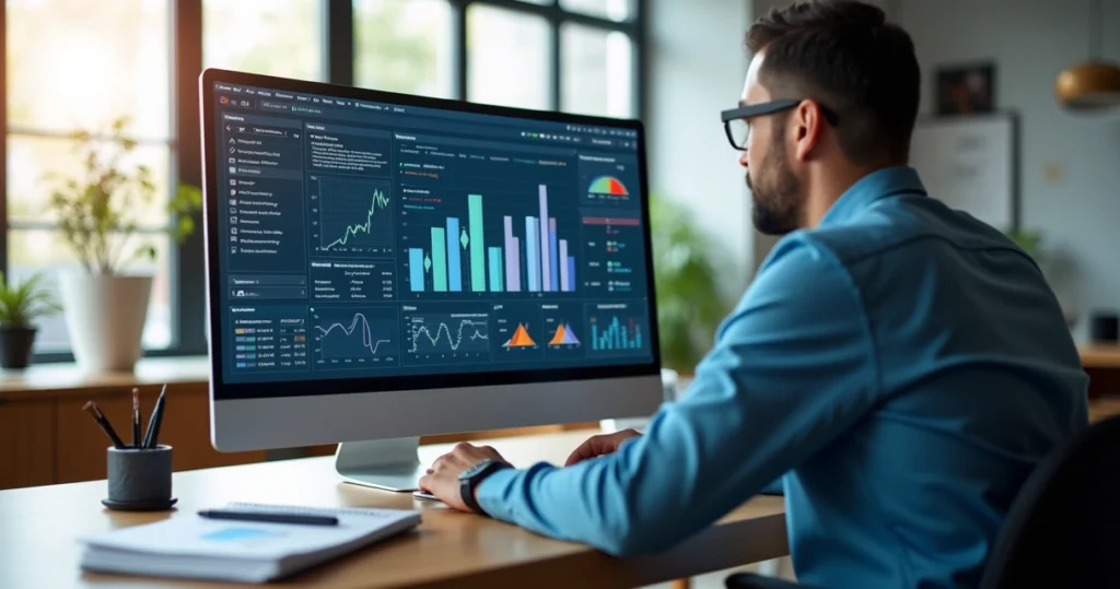 Pessoa analisando feedbacks de clientes em tela de computador com gráficos e indicadores de custo operacionais