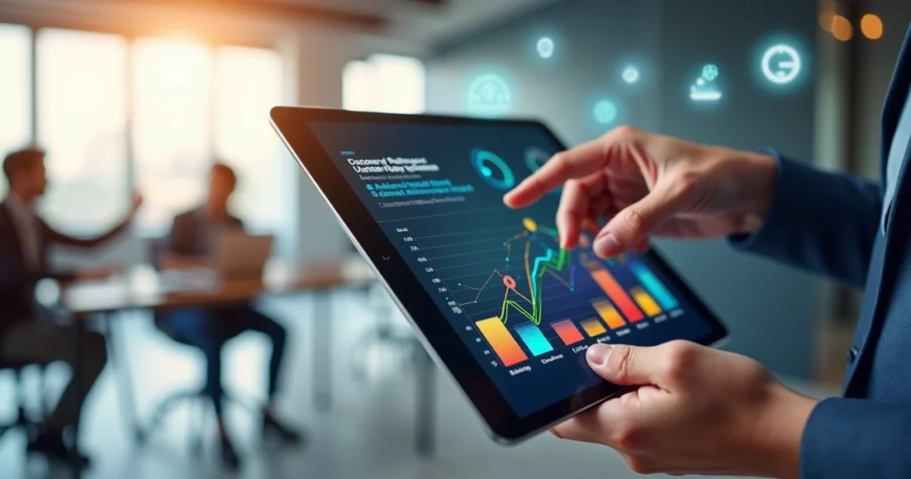 Pessoa segurando tablet com gráficos de satisfação do cliente em vários pontos da jornada de consumo