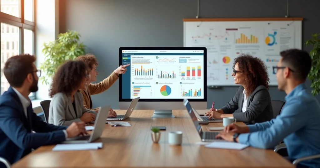 Equipe analisando feedbacks de onboarding em escritório moderno com computador e gráficos na tela