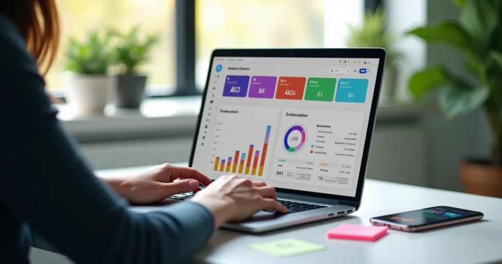 Pessoa configurando painel de feedbacks em computador com gráficos e métricas de SaaS