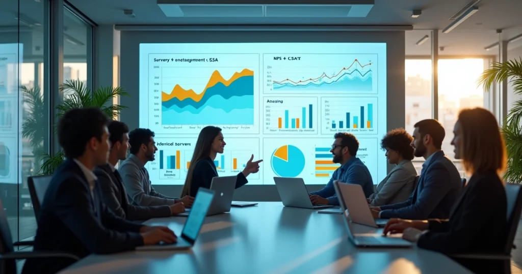Tela digital mostrando gráficos e indicadores de engajamento em pesquisa de satisfação com pessoas analisando dados ao redor