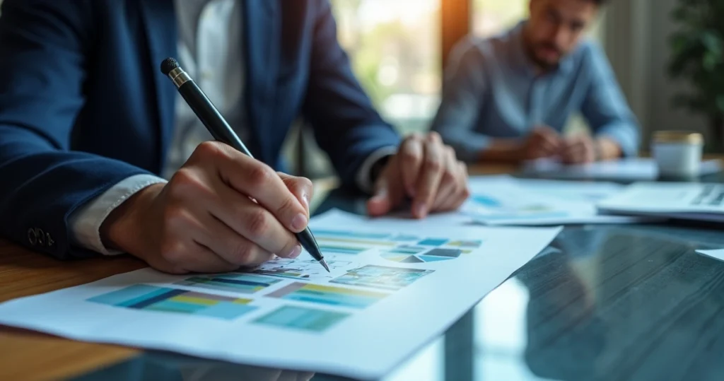 Equipe de profissionais analisando gráficos de feedbacks em um escritório moderno com telas digitais e anotações estratégicas