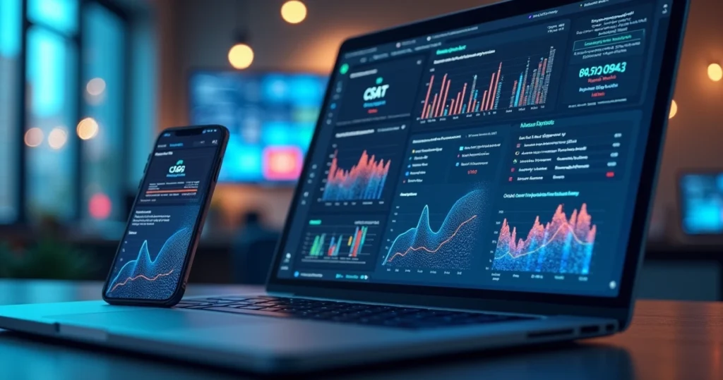 Interface digital mostrando gráficos de satisfação do cliente com elementos de inteligência artificial