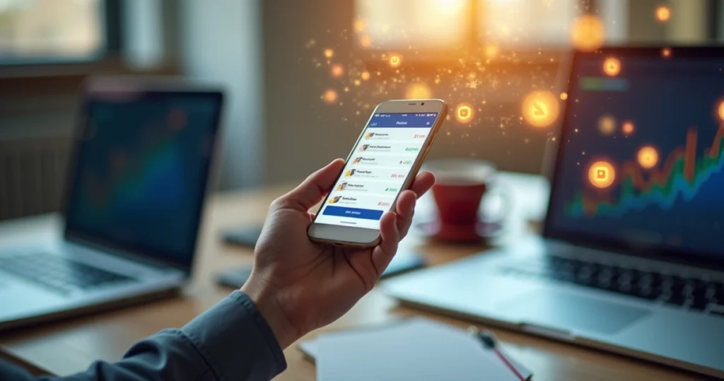 Pessoa usando smartphone para receber oferta personalizada em tempo real com gráficos de dados ao fundo