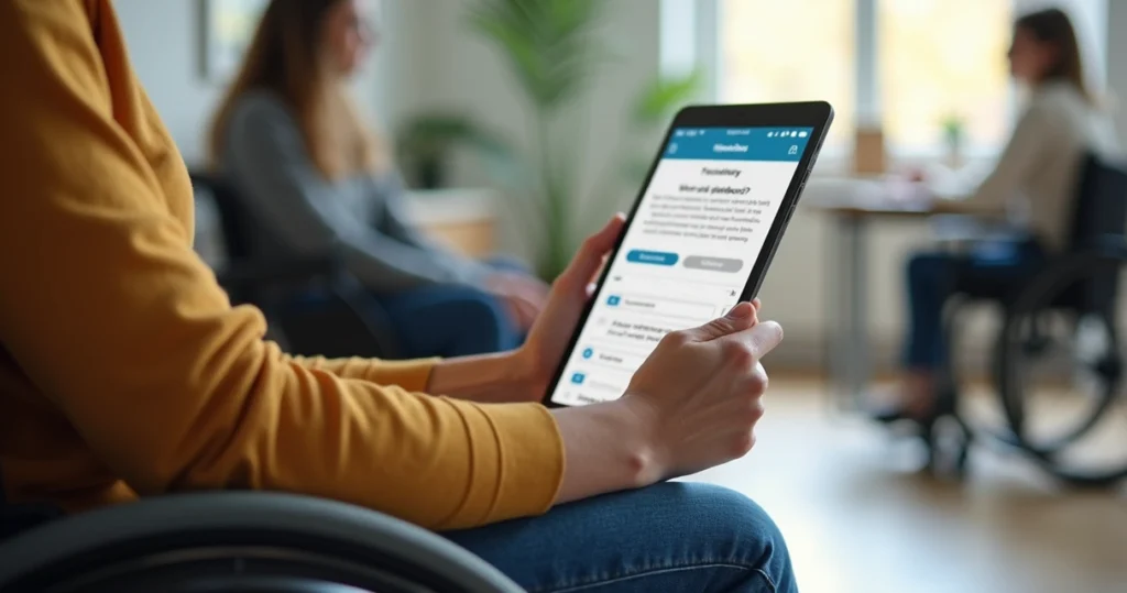 Pessoa com deficiência participando de pesquisa de satisfação em tablet acessível