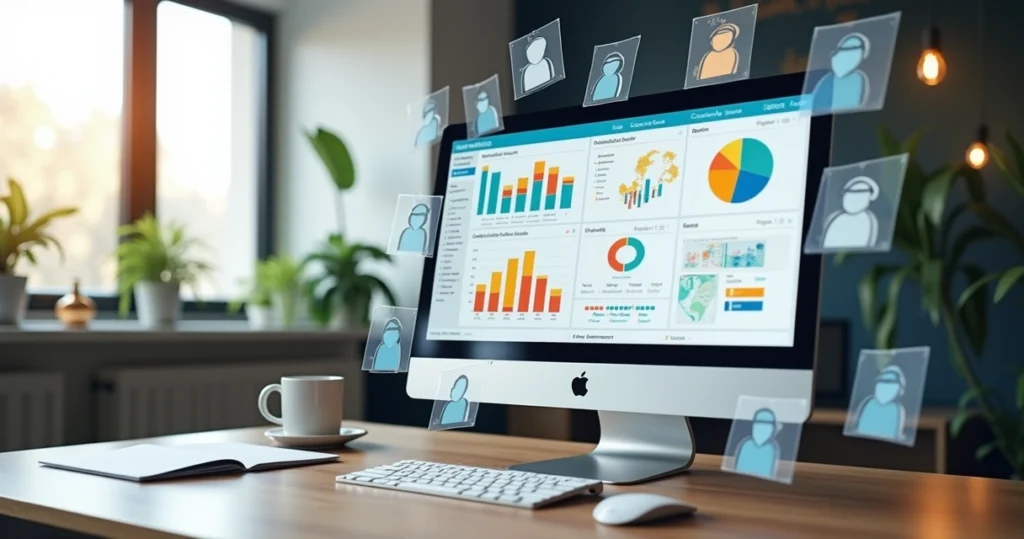 Tela de computador mostrando gráfico de pesquisa de satisfação com análise de dados detalhada e representação de usuários ao fundo