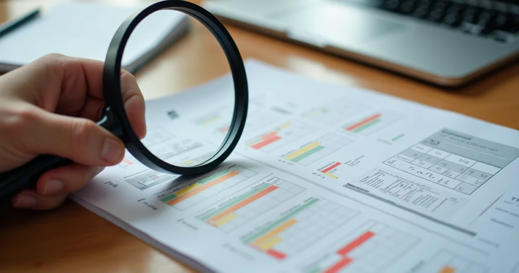 Mão segurando uma lupa sobre uma pesquisa de satisfação impressa com gráficos e respostas destacadas