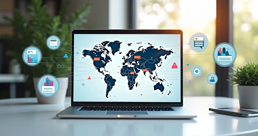 Computador com tela mostrando gráficos de satisfação em múltiplos idiomas, ambiente moderno com mapas mundiais e ícones de comunicação global