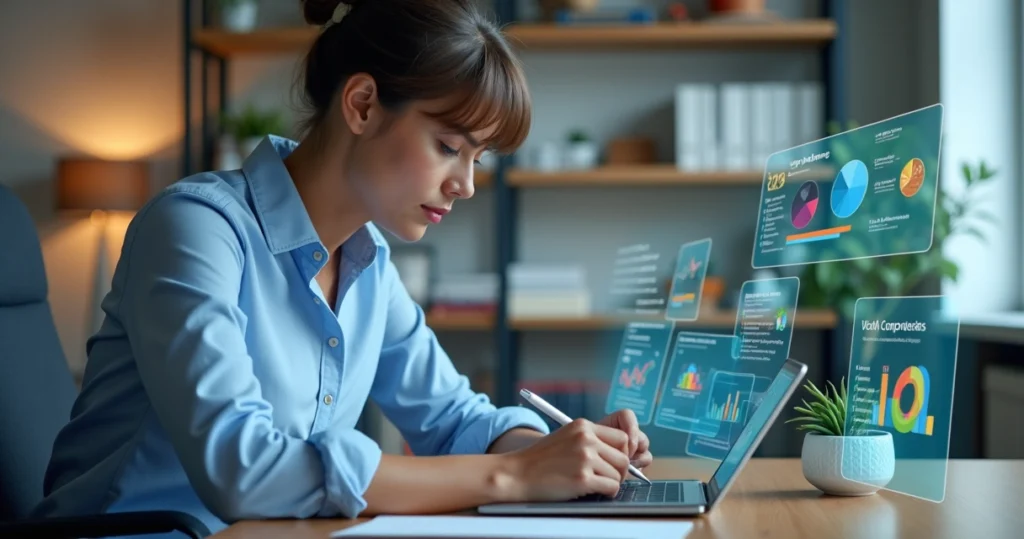 Profissional escrevendo em tablet enquanto analisa feedbacks críticos em ambiente de escritório moderno