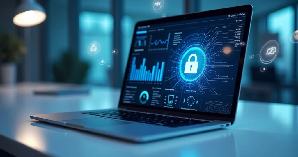 Laptop aberto com tela exibindo gráfico de conformidade e cadeado digital azul