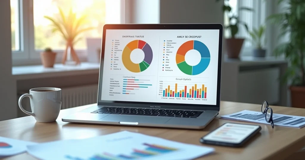 Tela de computador mostrando duas versões diferentes de pesquisa de satisfação em gráficos coloridos com dados e feedbacks destacados