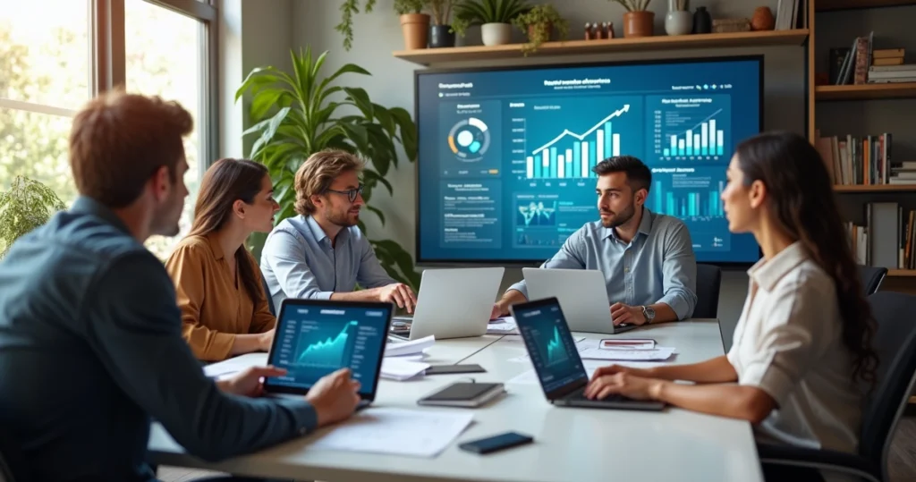 Equipe de trabalho SaaS analisando feedbacks em tela de computador em ambiente moderno