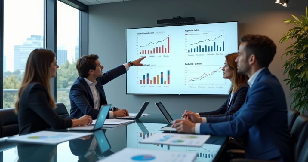 Profissionais discutindo gráficos de feedback e estratégias de sucesso em sala de reunião moderna