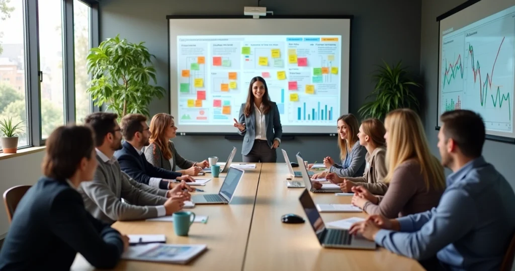 Equipe reunida em sala moderna durante treinamento com feedbacks em quadro branco