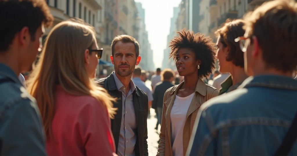 Diversas pessoas representando gêneros e etnias discutindo opiniões em ambiente urbano