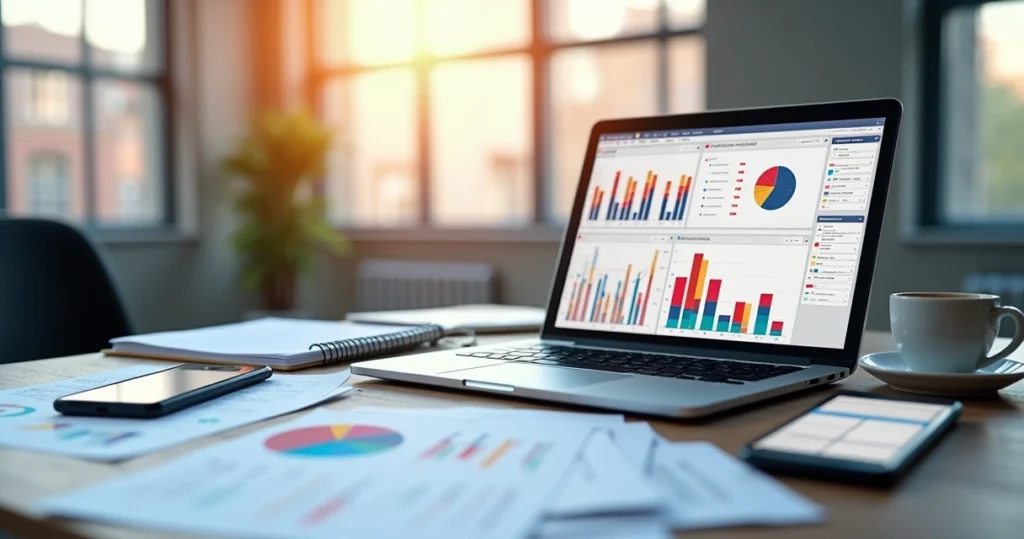 Mesa de trabalho com laptop mostrando gráfico de análise de dados e anotações manuais ao redor