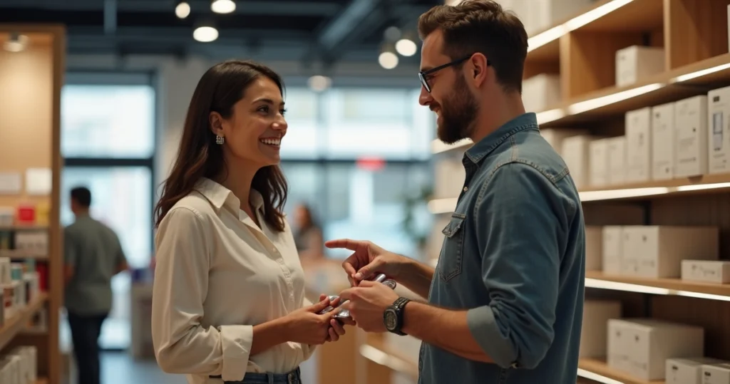 Cliente recebendo oferta de upgrade em uma loja moderna com sorriso e vendedor apontando o produto superior