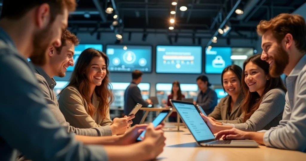 Clientes participando ativamente de interação com marca em ambiente digital e físico