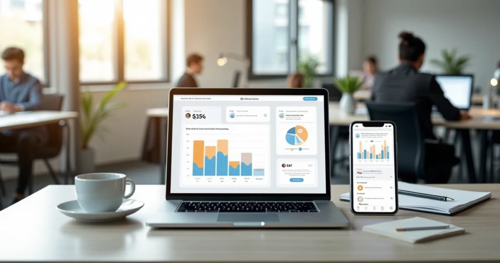 Computador e smartphone mostrando tela de feedback digital em ambiente de escritório moderno