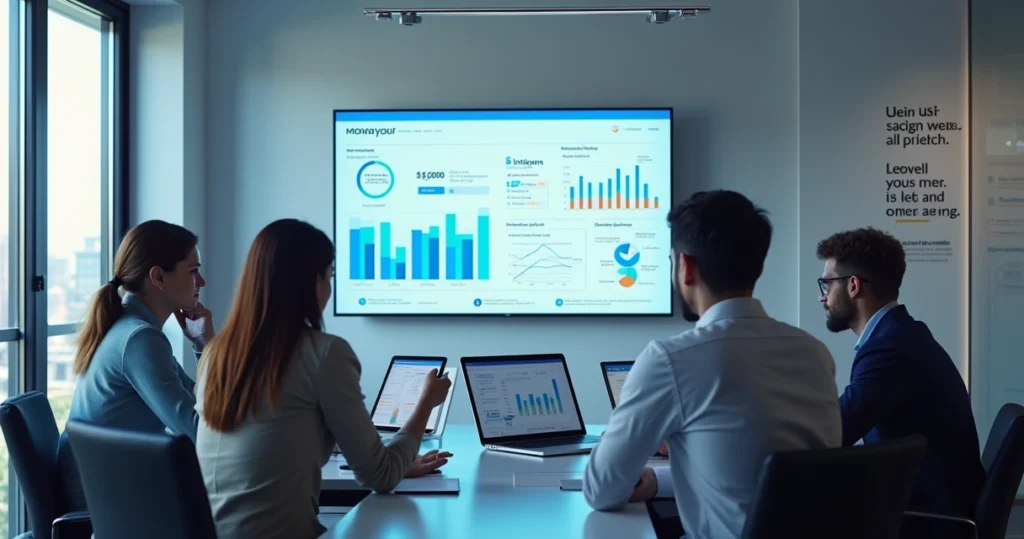 Equipe analisando feedbacks de clientes em telas digitais, com gráficos de NPS e métricas de churn ao fundo