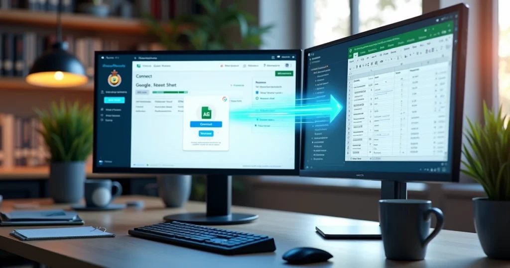 Tela de computador mostrando conexão automática entre SurveyMonkey e Google Sheets com planilha aberta e dados sincronizados em tempo real